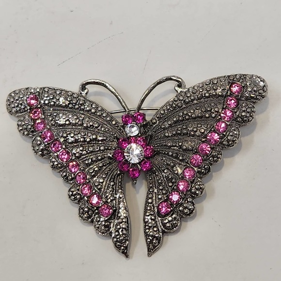 Butterfly Silver Tone Pink Clear Rhinestone Brooch Statement Insect Bug Jewelry - Picture 1 of 5